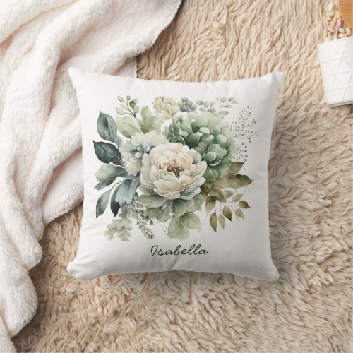 Custom Pretty Watercolor Sage Green Ivory Floral Throw Pillow