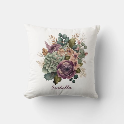 Custom Pretty Watercolor Succulent Mauve Floral Throw Pillow