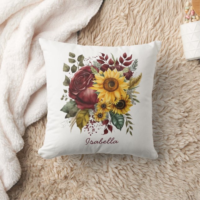 Custom Pretty Watercolor Sunflower Burgundy Floral Throw Pillow (Blanket)