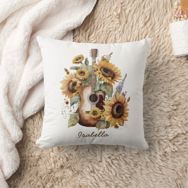 Custom Pretty Watercolor Sunflowers Guitar Floral Throw Pillow (Blanket)