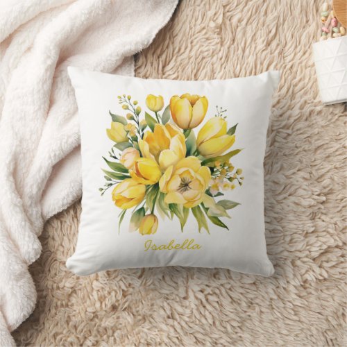 Custom Pretty Watercolor Yellow Tulip Floral Throw Pillow