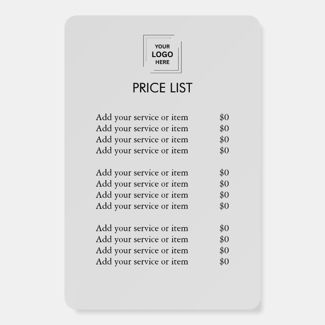 Custom Price List | Business Logo Modern silver  Foam Board (Front)