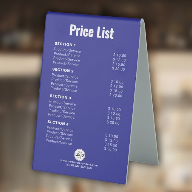 Custom Price List or Services Simple Modern Blue Table Tent (Creator Uploaded)