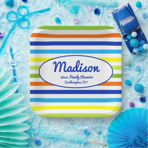 Custom Primary Blue Modern Stripes Family Reunion Paper Plates