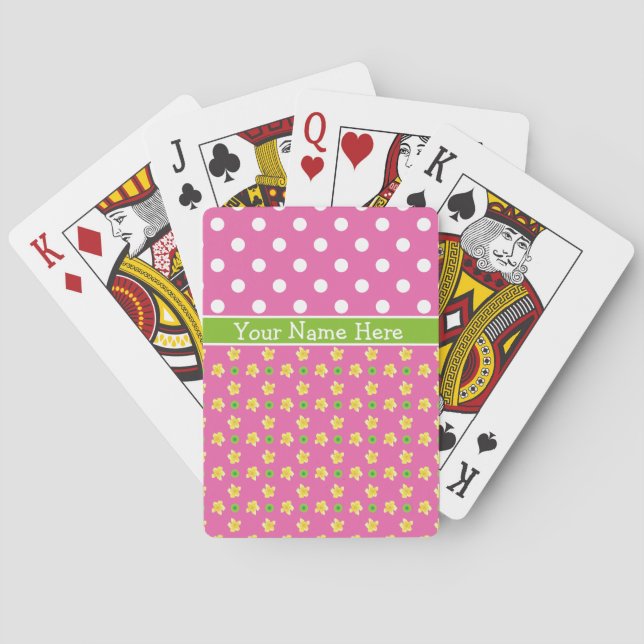 Custom Primroses Playing Cards: Pink Polka Dots Poker Cards (Back)