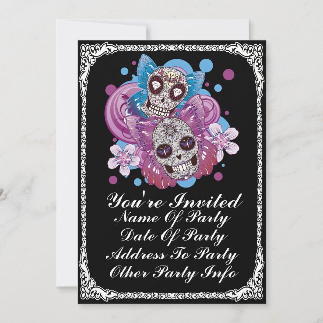 Custom Print Butterfly Sugar Skull Party Invites (Front)