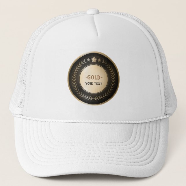 CUSTOM PRINT DIY MEDAL Gold #1 Champion EDITABLE Trucker Hat (Front)