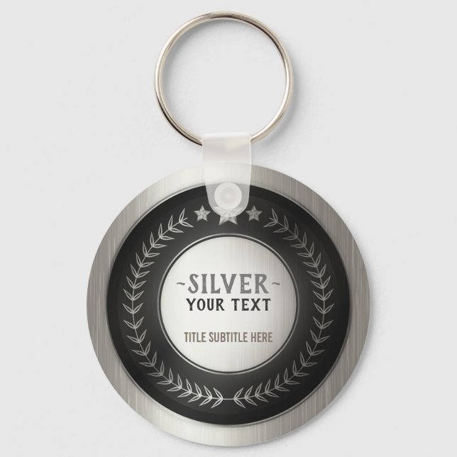 CUSTOM PRINT DIY MEDAL Silver Champion EDITABLE Keychain (Front)