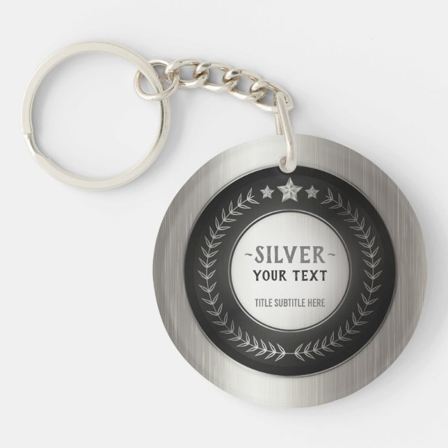 CUSTOM PRINT DIY MEDAL Silver Champion EDITABLE Keychain (Front)