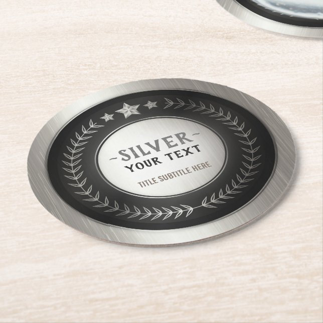 CUSTOM PRINT DIY MEDAL Silver Champion EDITABLE Round Paper Coaster (Angled)