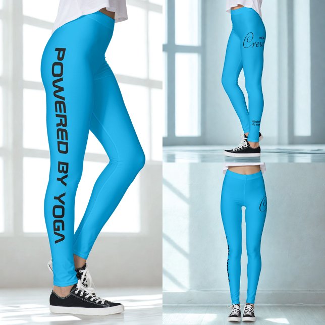 Custom Print Yoga Crew Azure Blue Leggings (Azure blue yoga leggings. Three views.)