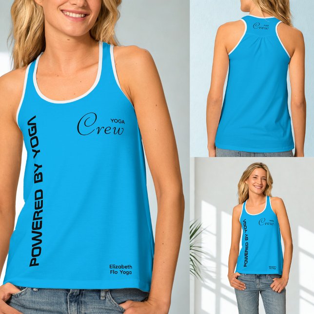 Custom Print Yoga Crew Azure Blue Tank Top (Azure blue yoga tank top. Three views.)