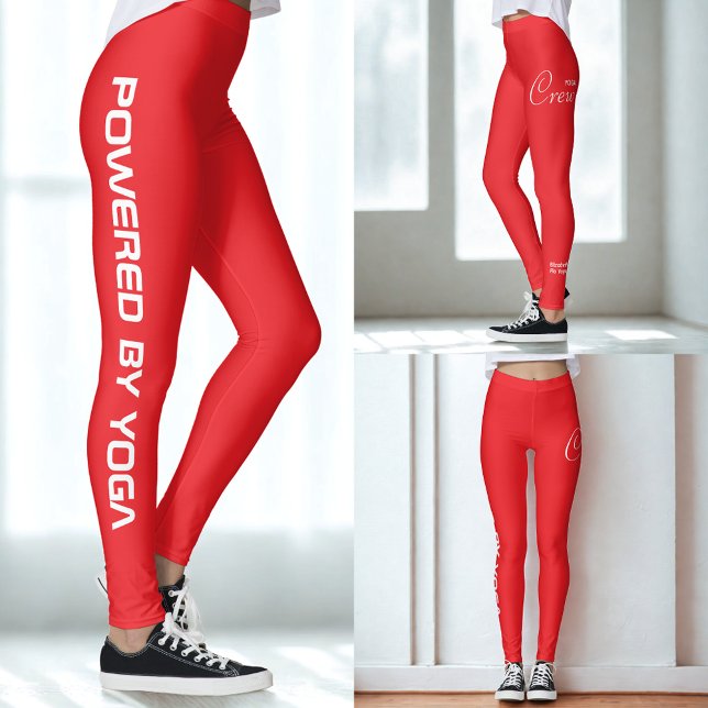 Custom Print Yoga Crew Bright Red Leggings (Bright red yoga leggings. Three views.)