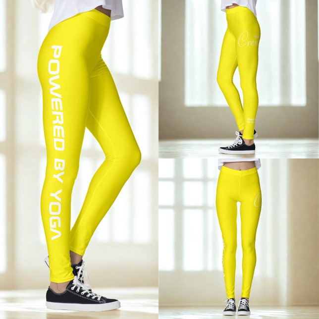 Custom Print Yoga Crew Bright Yellow Leggings (Bright yellow yoga leggings. 3 views.)