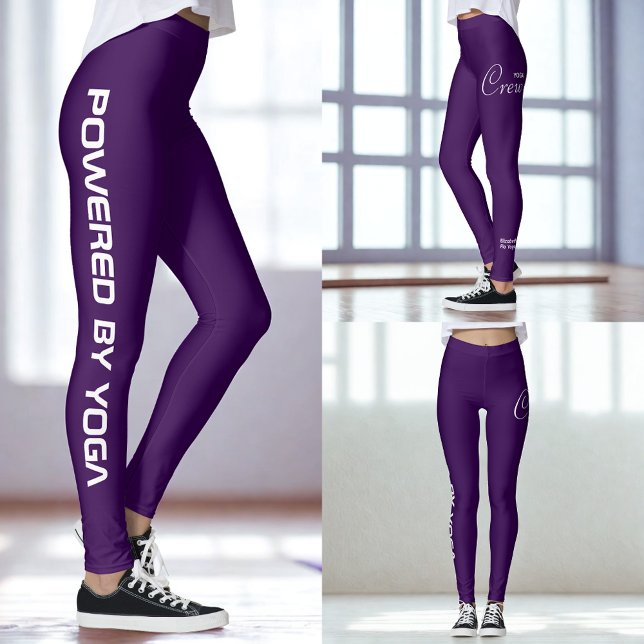 Custom Print Yoga Crew Dark Purple Leggings (Dark purple leggings show in three different views.)