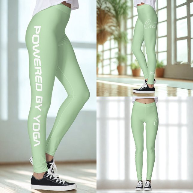 Custom Print Yoga Crew Pale Green Leggings (Pale green yoga leggings shown from 3 views.)