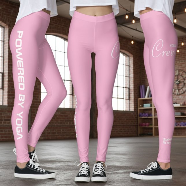 Custom Print Yoga Crew Soft Light Pink Leggings (Soft pink yoga leggings shown from 3 angles.)