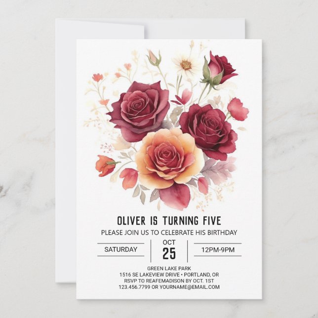 Custom Printable Burgundy Floral Birthday Invitation (Front)