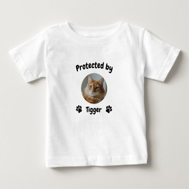 Custom Proctected by Cat, Personalized Cat Name Baby T-Shirt (Front)