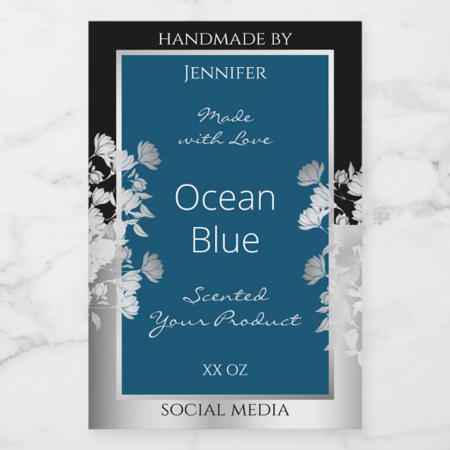 Custom Product Labels Ocean Blue with Silver Frame (Single Label)