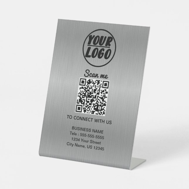 Custom Professional Business Logo QR Code Silver Pedestal Sign (Front)
