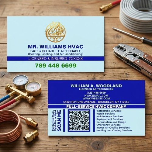 Custom Professional Logo &amp; License | Blue AC HVAC Business Card