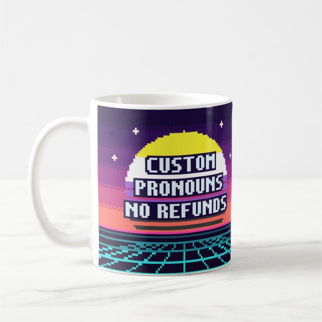 Custom Pronouns, No Refunds Nonbinary Pride Mug (Left)