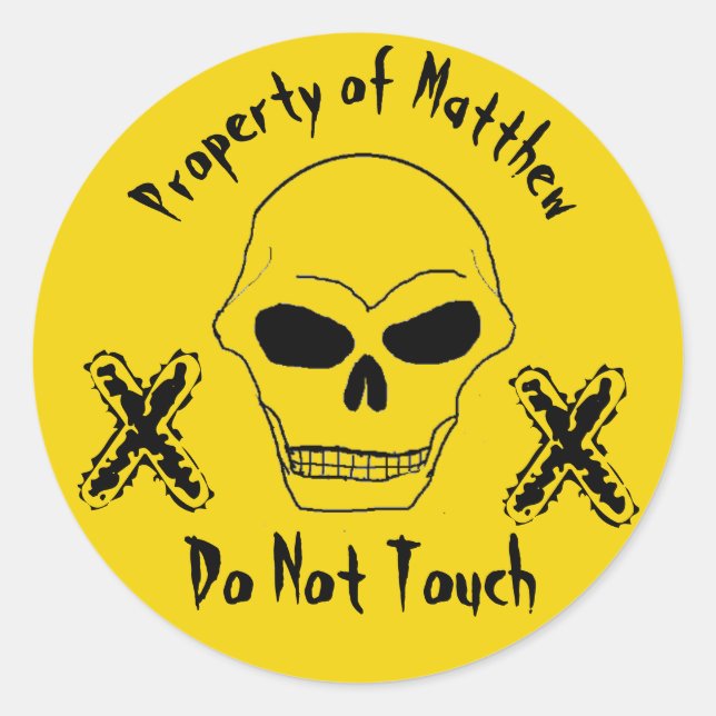 Custom Property of Your Name Skull Face Yellow Classic Round Sticker (Front)