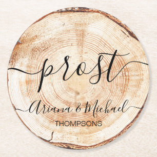 Custom Prost German Wedding Wood Grain  Round Paper Coaster