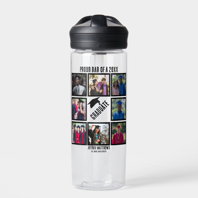Custom Proud Dad of Year Graduation Photo Collage  Water Bottle (Front)
