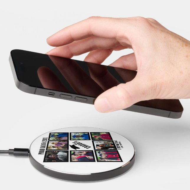 Custom Proud Dad of Year Graduation Photo Collage  Wireless Charger (Hand)