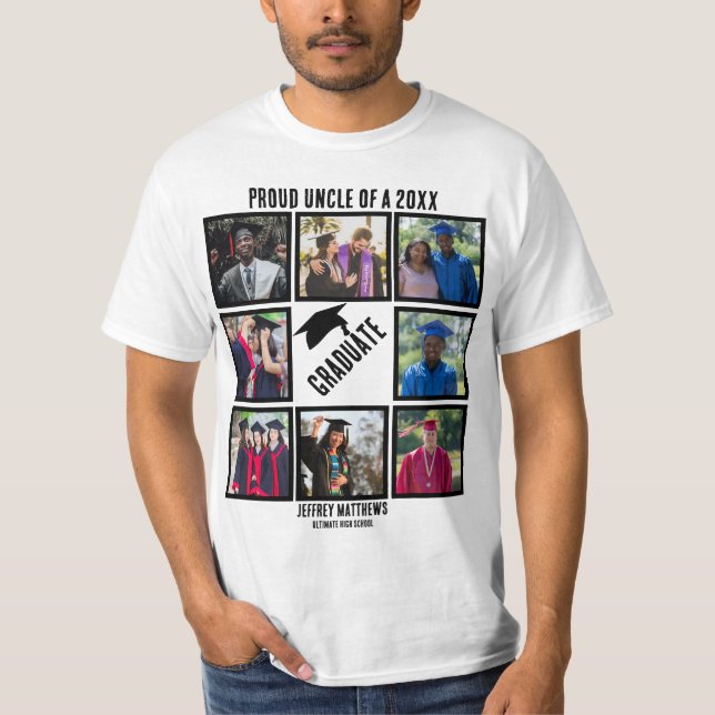 Custom Proud Uncle Graduation Photo Collage T-Shirt (Front)