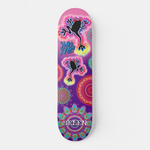 Custom psychedelic frog boho mandala skateboard