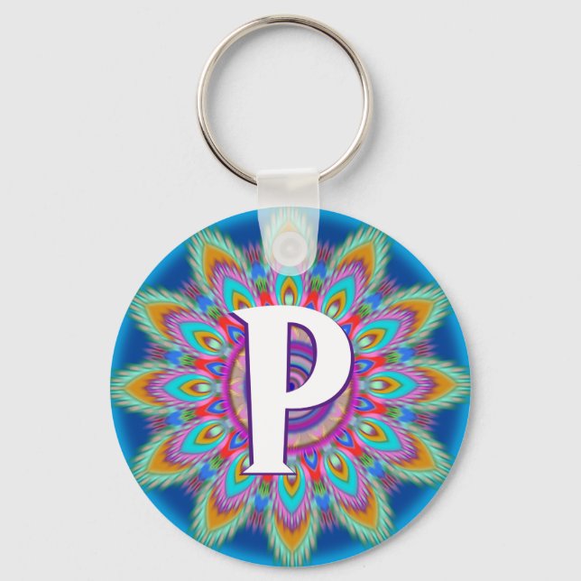 Custom psychedelic initial button key ring (Front)