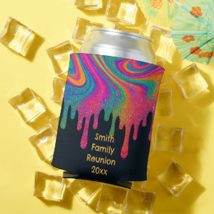 Custom Psychedelic Neon Glitter Drip Can Cooler