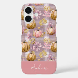 Custom Pumpkin and Flowers plaid pattern iPhone 16 Case