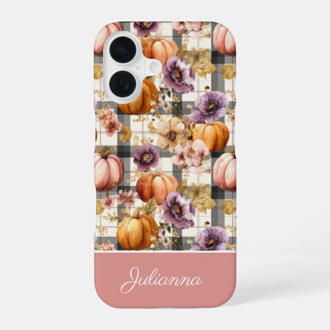 Custom Pumpkin and Flowers plaid  pattern  Iphone Case (Back)
