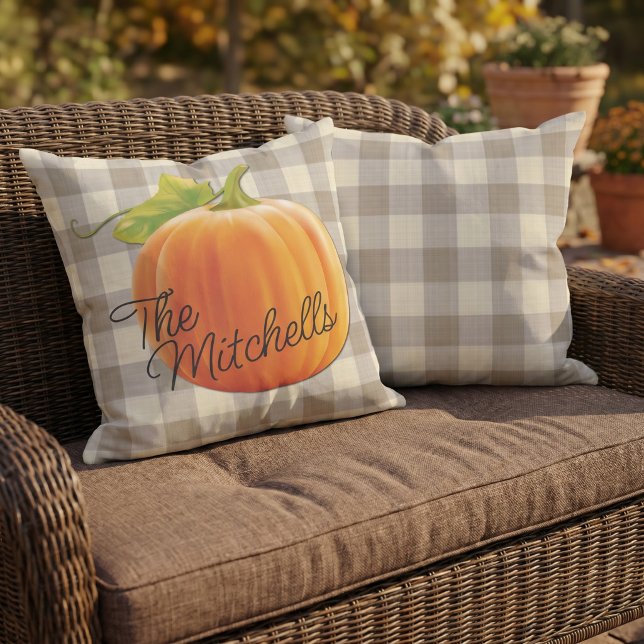 Custom Pumpkin Autumn Beige Brown Gingham Pattern Outdoor Pillow (Creator Uploaded)