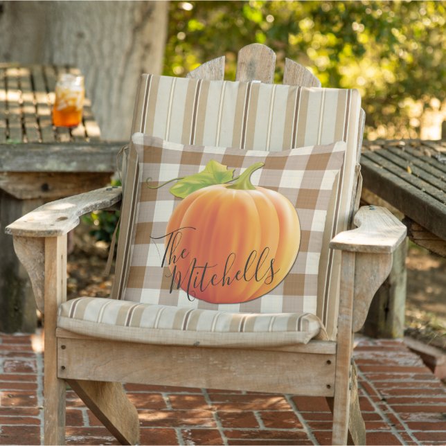 Custom Pumpkin Fall Coffee Brown Gingham Pattern Outdoor Pillow (Chair)