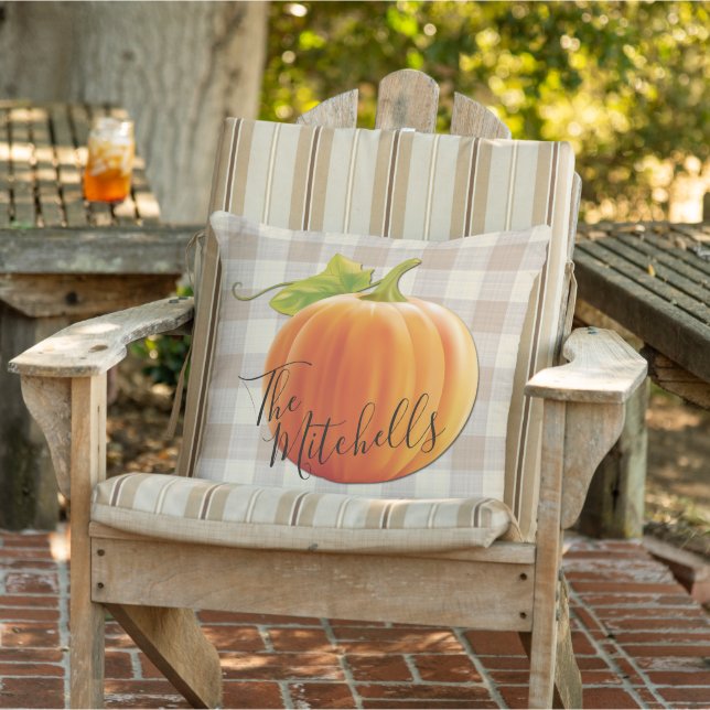 Custom Pumpkin Fall Light Brown Gingham Pattern Outdoor Pillow (Chair)