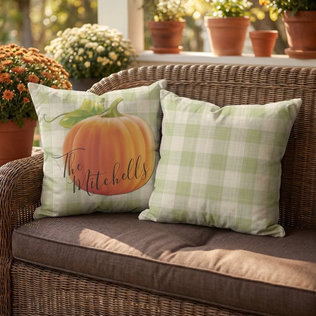 Custom Pumpkin Fall Light Green Gingham Pattern Outdoor Pillow (Creator Uploaded)