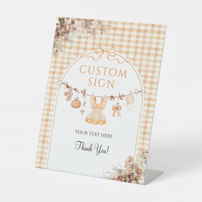 Custom Pumpkin Girl Modern Fall Baby Shower Pedestal Sign (Front)