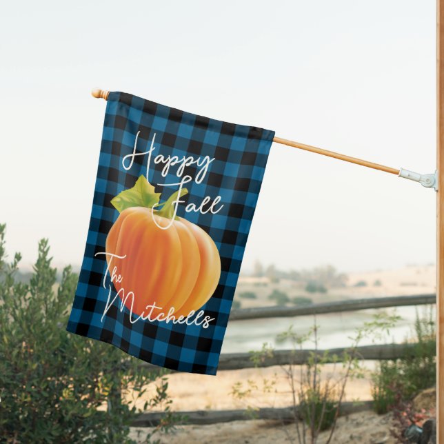 Custom Pumpkin On Blue Black Check Pattern House Flag (Insitu (Back))