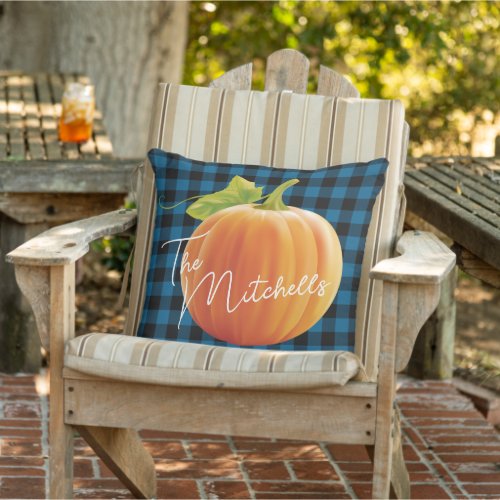 Custom Pumpkin On Blue Black Check Pattern Outdoor Pillow