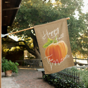 Custom Pumpkin On Faux Jute Burlap Textile Pattern House Flag