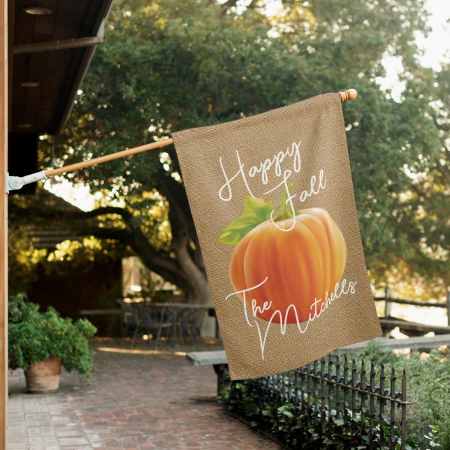 Custom Pumpkin On Faux Jute Burlap Textile Pattern House Flag (In SItu)