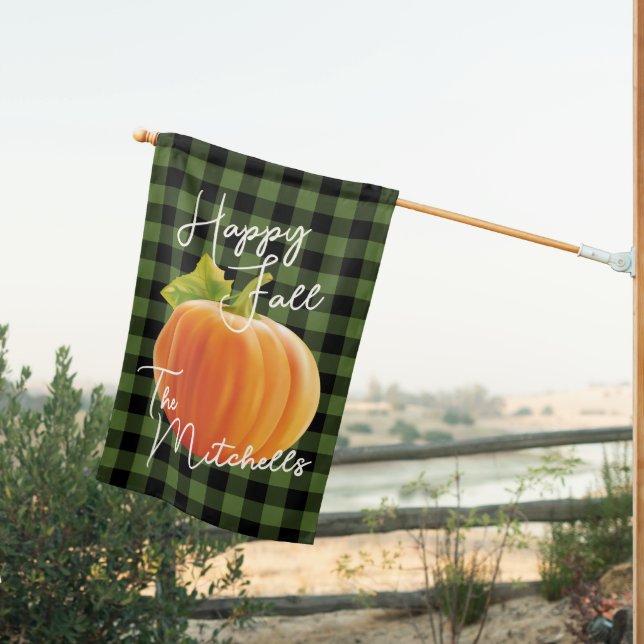 Custom Pumpkin On Green Black Check Pattern House Flag (Insitu (Back))