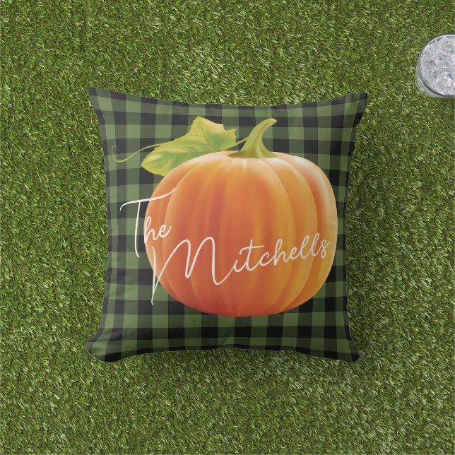 Custom Pumpkin On Green Black Check Pattern Outdoor Pillow (Grass)