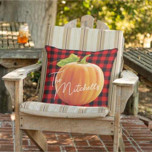 Custom Pumpkin On Red Black Check Pattern Outdoor Pillow