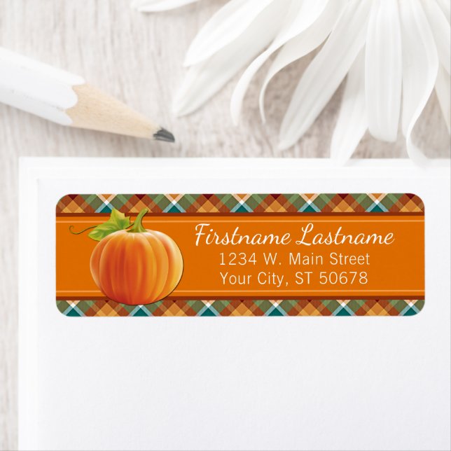 Custom Pumpkin Orange Autumn Plaid Squares Pattern Label (Insitu)